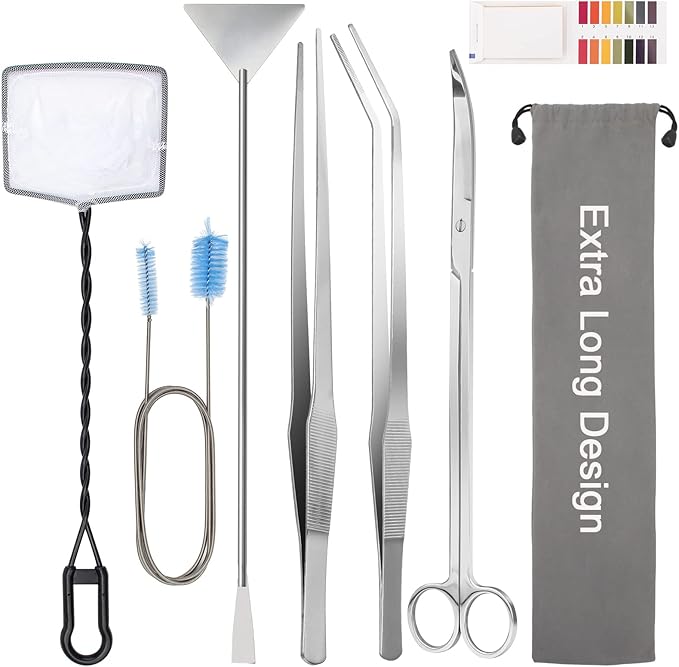 Extra Long Aquarium Aquascaping Tools Kit 8 in 1, Liveek Stainless Steel Aquarium Plant Tools Long Fish Tank Aquascape Tweezers Scissors Scrapers, PH Paper, Fish Net, Aquascape Clean Brush, Bag-PawvioPets