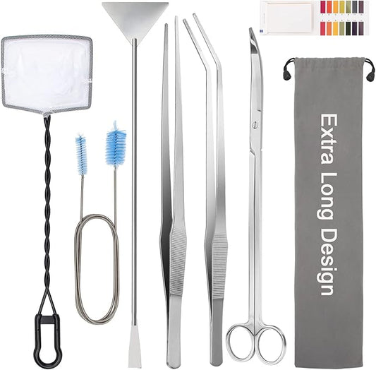 Extra Long Aquarium Aquascaping Tools Kit 8 in 1, Liveek Stainless Steel Aquarium Plant Tools Long Fish Tank Aquascape Tweezers Scissors Scrapers, PH Paper, Fish Net, Aquascape Clean Brush, Bag-PawvioPets