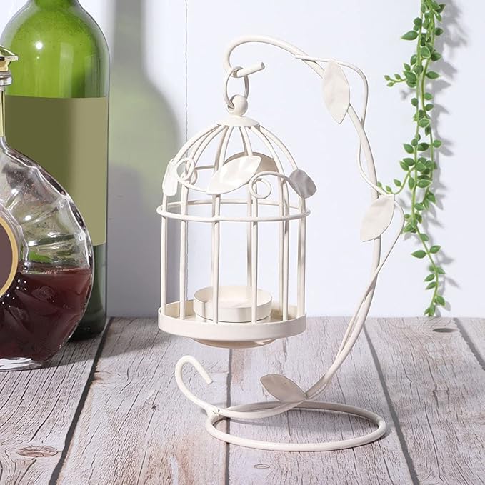 Birdcage Candle Holder, Hanging Candle Holder Decorative Bird Cages Bird Cage Decor Vintage Metal Candlestick for Wedding, Party(White)-PawvioPets