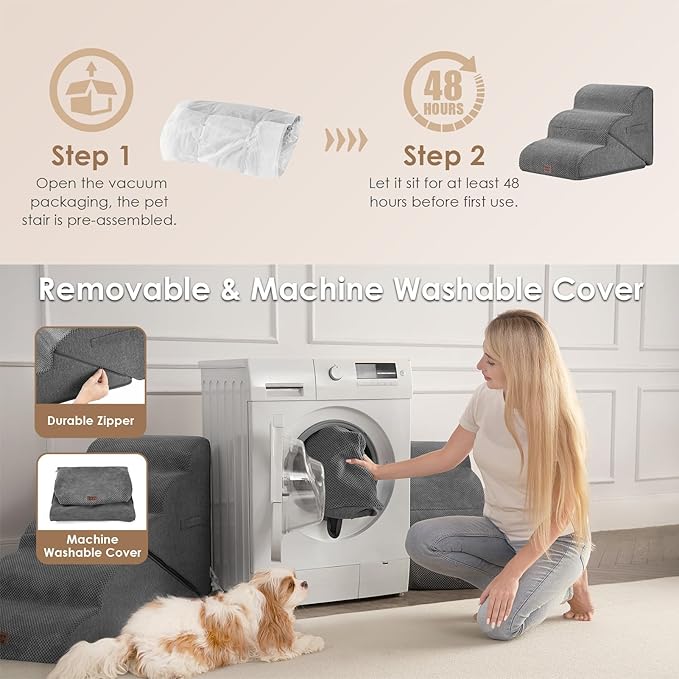 EHEYCIGA Curved Foldable Dog Stairs Ramp for Small Dogs 16" H, 3-Step Dog Steps for Couch Sofa and Chair, Pet Stairs for Cats, Non-Slip Balanced Pet Steps Indoor, Grey-PawvioPets