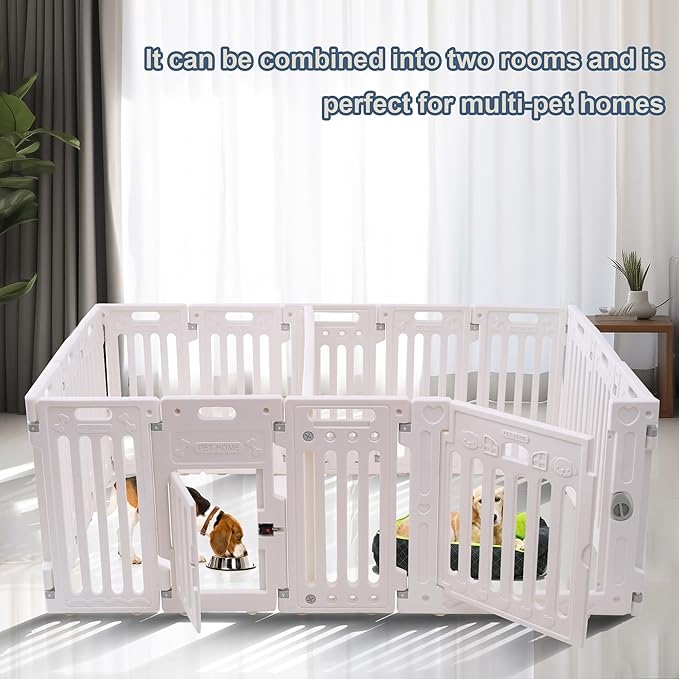 2 Room Dog Playpen with Door,DIY Shape Combination Puppy Pen,16-Panel+2 Link Piece+Large Door+Small Door,25.5" H Dog Fence,Non-Slip&Secure Pet Gate,Easy to Assemble (Two Rooms)-PawvioPets