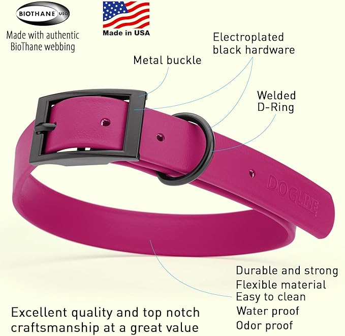 Dogline Biothane Waterproof Dog Collar Strong Coated Nylon Webbing with Black Hardware Odor- Proof for Easy Care Easy to Clean High Performance Fits Small Medium or Large Dogs, Magenta Pink-PawvioPets