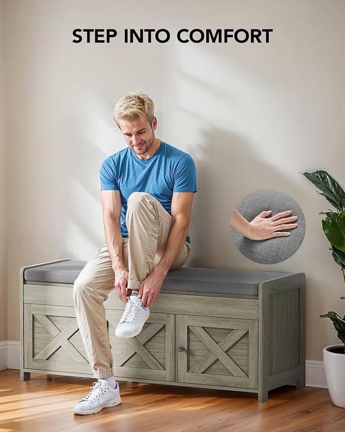 Amada Shoe Bench, Entryway Bench with Cushioned Seat & Lift Top Storage, 3 Doors, Adjustable Shelf, 300 lbs Capacity, Storage Bench with Shoe Rack for Entryway, Bedroom, Living Room, Gray-PawvioPets