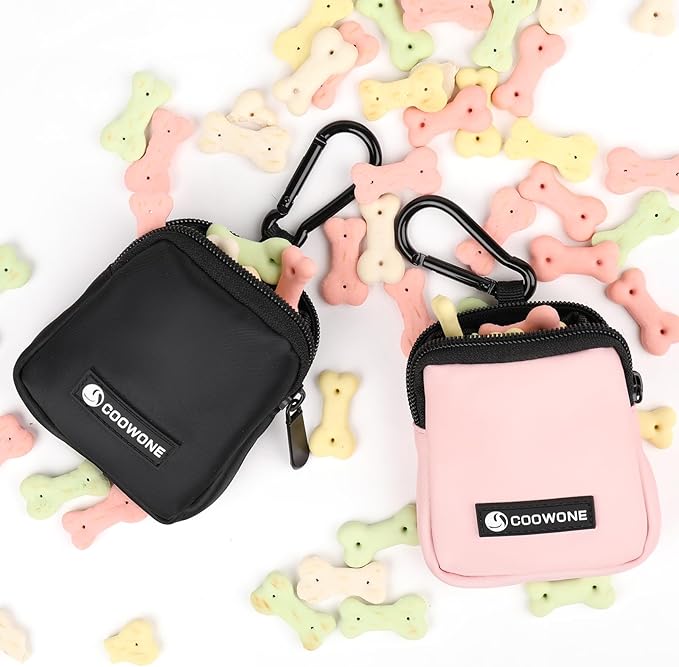 Dog Treat Pouch 2 PCS, Waterproof Small Dog Treat Bag for Leash, Hands Free Dog Walking Bag with Carabiner, Dog Poop Bag Holder for Pet Puppy Travel or Outdoor Use, Zipper Closure to Avoid Spilling-PawvioPets