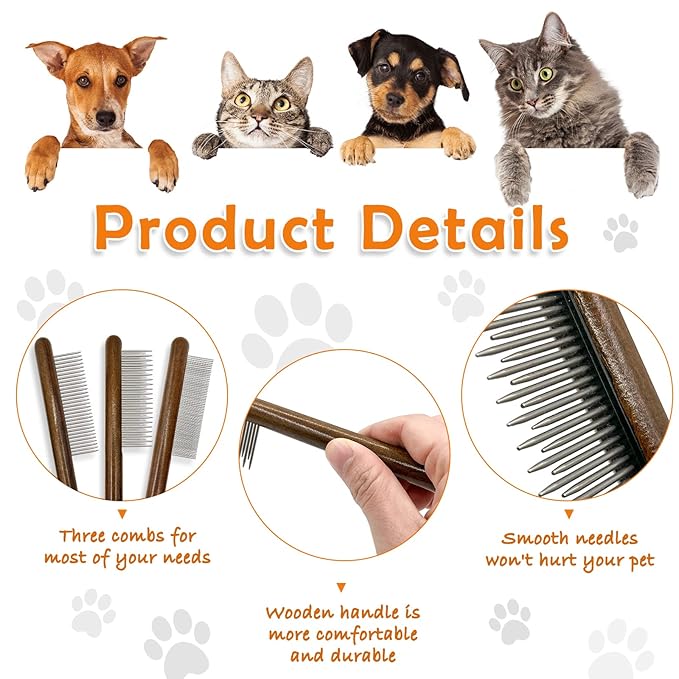 3 Pack Solid Wood Cat Combs, Stainless Steel Teeth for Cat Dog Rabbit Massage, Flea Lice Comb Removes Mats, Tangles and Loose Fur, Grooming Comb for Small Medium Pets-PawvioPets
