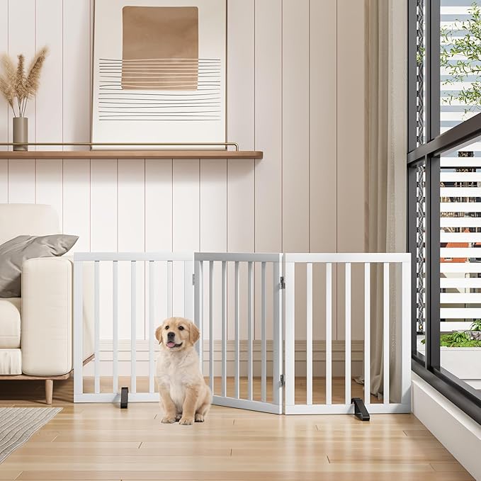 Dog Gates for The House Freestanding Foldable Pet Gates for Doorways 3 Panels 24'' Tall with 2PCS Support Feet Wooden White Dog Gate for Stairs-PawvioPets