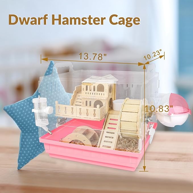 Cycodo 8 in 1 Acrylic Hamster Cage,2-Tier Dwarf Hamster Cage with Wooden Wheel & Hideout,Small Hamster Habitat with Accessories,Clear Pet Mice House(Pink,14" L*10" W*11" H)-PawvioPets