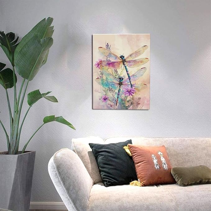 Dragonfly Bathroom Pictures Wall Art, Floral Bathroom Wall Decor, Framed Painting Canvas Artwork for Bedroom Living Room Decorations 16"L x 12"W-PawvioPets