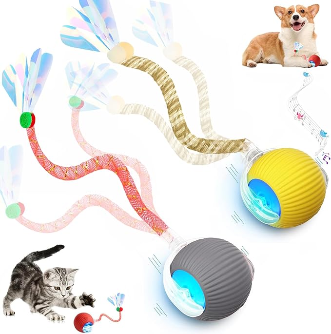2 Packs Speed 2.0 Tail Interactive Cat Toys for Indoor Cats, Chirping & Motion Activate Ca t Toy, Smart Kitten Rolling Ball Moving Ball Toys, Rechargeable Dog Cat Bal l for Enrichment Exercise-PawvioPets