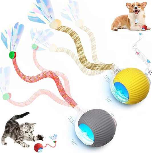 2 Packs Speed 2.0 Tail Interactive Cat Toys for Indoor Cats, Chirping & Motion Activate Ca t Toy, Smart Kitten Rolling Ball Moving Ball Toys, Rechargeable Dog Cat Bal l for Enrichment Exercise-PawvioPets