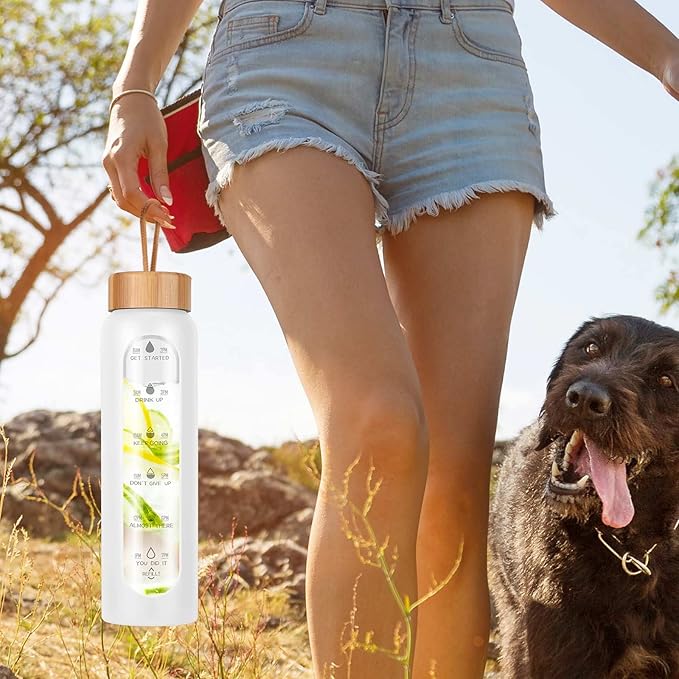 Aqulea Glass Water Bottles 32 Oz with Silicone Sleeve - BPA Free Reusable Wide Mouth Glass Motivational Water Bottles with Fruit Infuser – Leak Proof Borosilicate Water Bottle with Time Marker (White)-PawvioPets