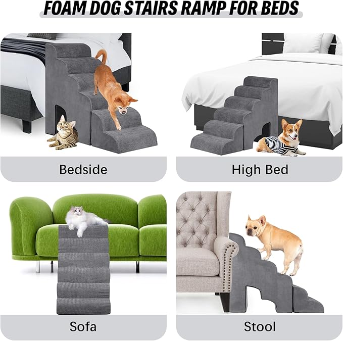 6 Step Dog Stairs&Steps 29 Inches Tall Up to 29-32 Inches High Bed, Dog Ramp Cat Stairs Pet Ladder for Small Medium Dogs, Doggie, Old Cats, Kitty, Grey-PawvioPets