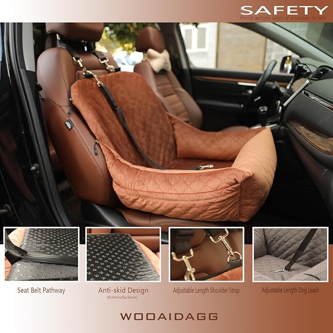 Dog Car Seat for Small Dogs,Covered Soft Fabric and Fill in Memory Foam,Easy to Assemble and Fully Detachable,2 Clip-On Safety Leashes and Storage Pockets(Brown)-PawvioPets
