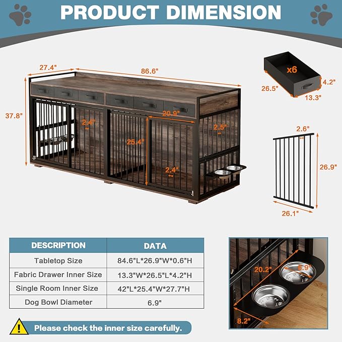 86.6Inch Large Double Dog Crate Furniture,Heavy Duty Metal Frame Dog Crate Kennel with Adjustable Feeder Bowls and Removable Divider&Drawers,Chew-Resistant Dog Kennel for 2 Dogs Indoor-PawvioPets