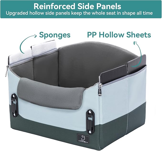 A 4 Pet Dog Car Seats for Small Dogs, Booster Car Seat with Patent Buckles & Clip-On Safety Leash, Pet Seat for Puppy Small Dogs Cats Under 25 Lbs, Green-PawvioPets