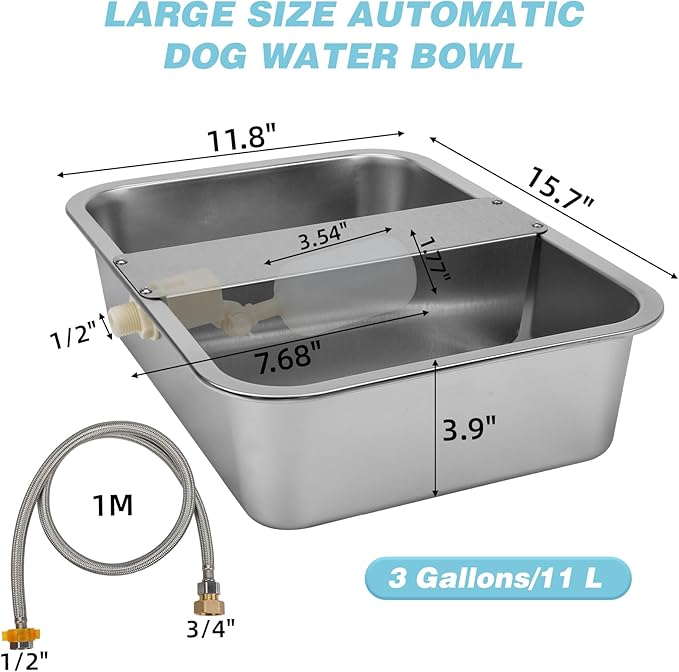 3 Gallon Automatic Dog Water Dispenser, Large Dog Water Bowl Dispenser for Outdoor, Stainless Steel Pet Bowl for Waterer Auto Fill Pet Waterer for Livestock Dogs Cats Chicken Fit 3/4'' GHT Faucet-PawvioPets