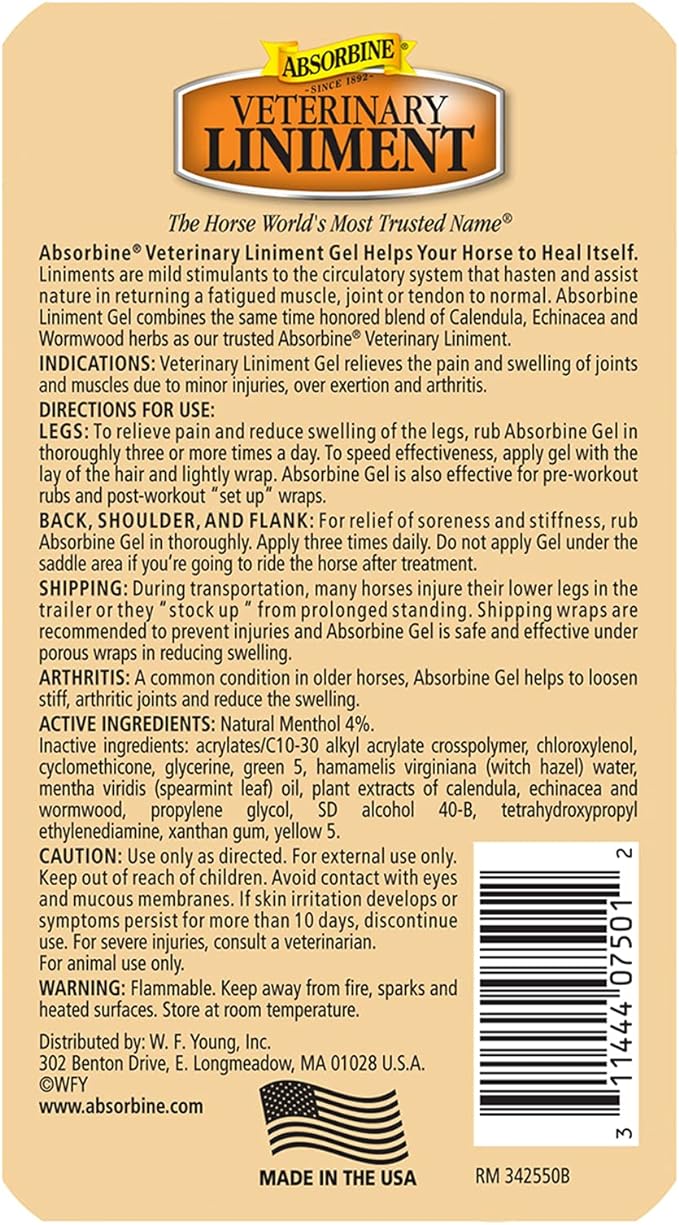 Absorbine Veterinary Liniment Gel, Topical Menthol Analgesic Rub for Sore Muscle, Joint & Arthritis Pain Relief, 12oz Bottle 2-Pack-PawvioPets