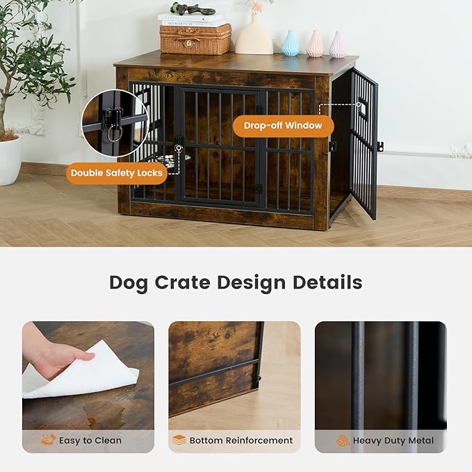 Gardner Pet Dog Crate Furniture for Medium Dogs, 32.7 Inch Dog Kennel Indoor, Wooden Dog Cage End Table with 2 Removable Bowls, Heavy Duty Dog Crate, Rustic Brown-PawvioPets