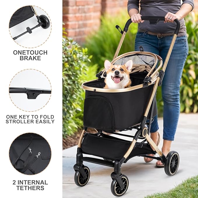 3 in 1 Pet Stroller with 4 Wheels, Foldable Pet Travel Carrier for Small/Medium Dogs Cats up to 50lbs, Detachble Portable Pet Bag, Storage Basket-PawvioPets