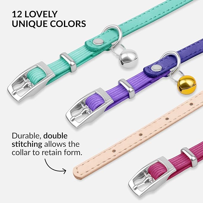 CollarDirect Leather Cat Collar with Bell - Kitten Small and Big Cat Collar for Boy Cats, Girl Cats with Safety Elastic Strap (Neck Fit 6"-7", Beige)-PawvioPets