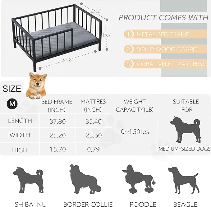 Dog Bed with Rails - Elevated Pet Metal Bed Frame with Solid Wood Board and Washable Soft Mat for Medium Dog Indoor or Outdoor Use, 25.2" x 37.8", Black-PawvioPets