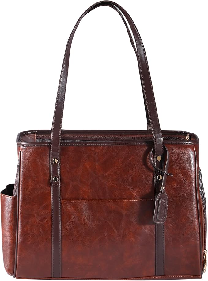 Fashion Dog Carrier Purse, Premium Leather Cat Carrier Bag, Airline Approved Soft Sided Pet Travel Tote Bag with Pockets Coffee-PawvioPets