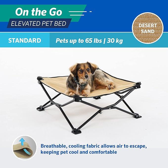 Coolaroo On-The-Go Elevated Dog Bed - Foldable Pop-Up Travel Dog Bed with Breathable, Moisture-Resistant Fabric, Carry Bag Included, Lightweight & Portable, Desert Sand, Standard-PawvioPets