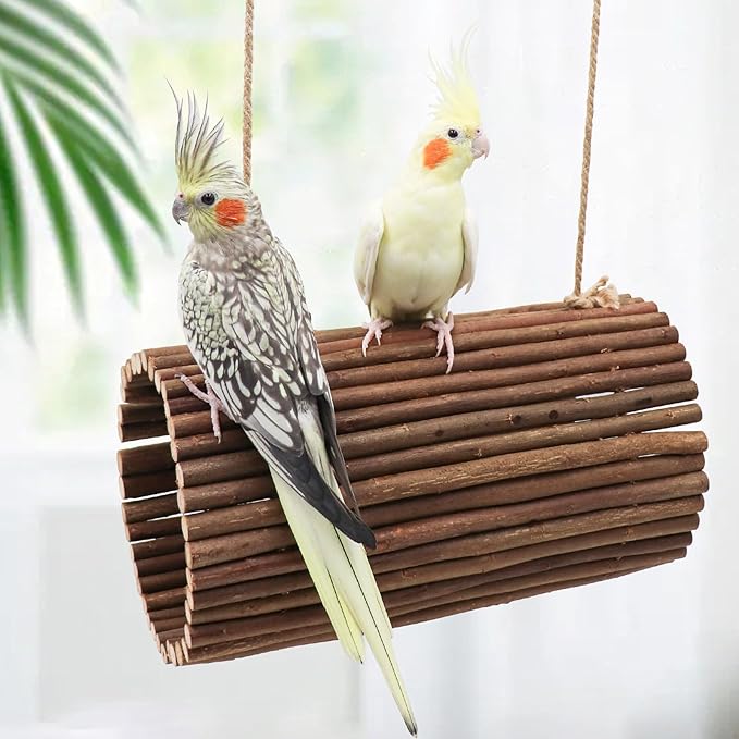 Bird Parrot Swing Toys, Hanging Bird Perch Stand, Natural Willow Wood Parrot Hammock, Bird Cage Accessories, Suitable for Little Bird Parakeets Cockatiels Lovebirds Hamster Rat (6.3" in Diameter)-PawvioPets