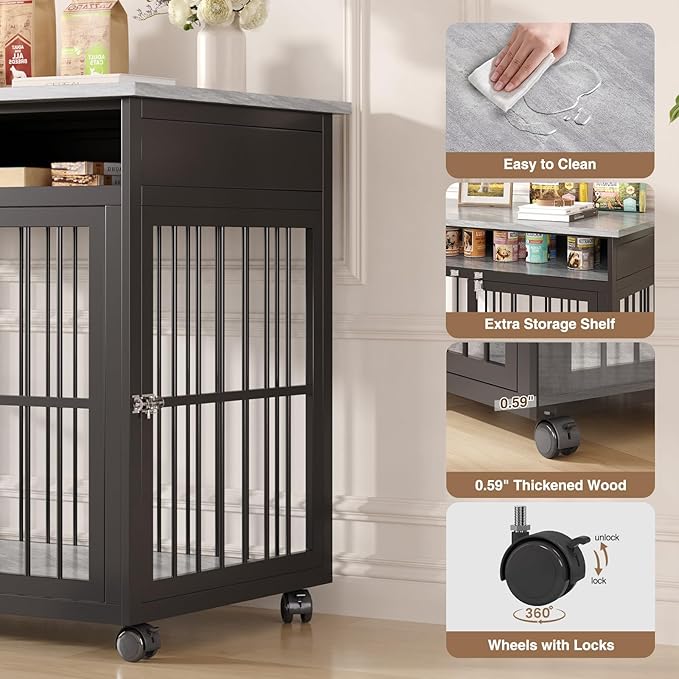 39.4" Dog Crate Furniture for Medium and Large Breed, Dog Kennel Furniture with Storage Shelf & Lockable Wheels, Heavy Duty Wooden End Side Table Pet Cage Indoor, Chew-Resistant, Grey-PawvioPets