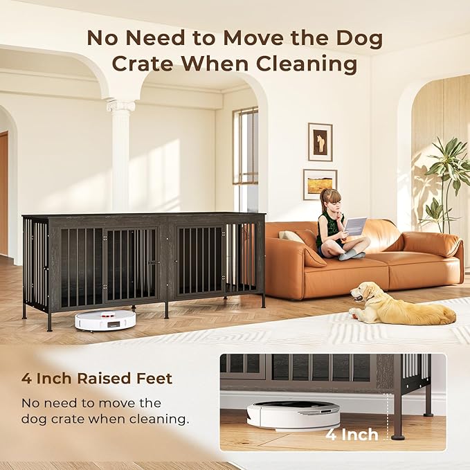 78 Inch Dog Cage Furniture for 2 Large/Medium Dogs with Removable Divider, Extra Large Double Doors Dog Kennel, XXL Thick Wooden Dog cage Furniture, Durable and Sturdy, Dark Grey-PawvioPets