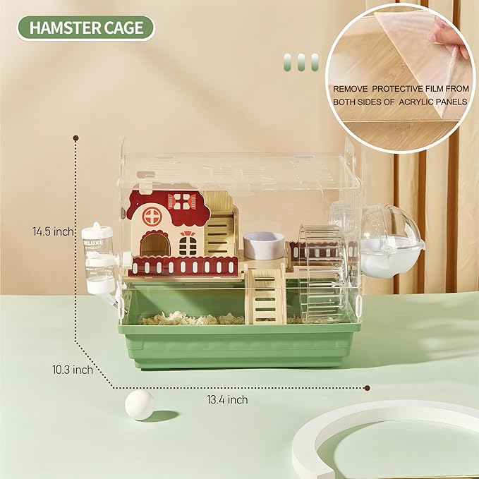 8 in 1 Clear Acrylic Hamster Cage with All Accessories,13.5''L* 10''W* 13''H Dwarf Hamster Cage,Small Hamster Habitat,Garden Style Mouse Cage for Pet Mice,Hamster Enclosure with Stairs(1-Layer)-PawvioPets