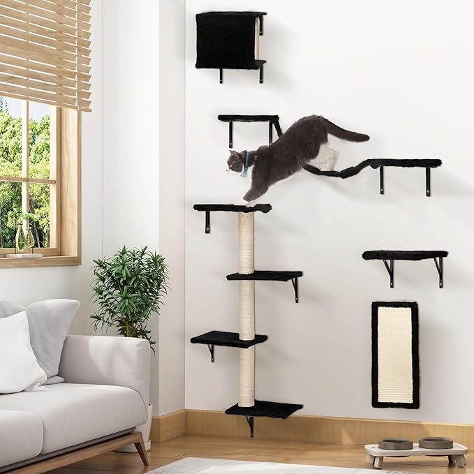 COZIWOW Wall Mounted Cat Furniture, Cat Wall Shelves and Perches, Floating Cat Shelves for Wall Set of 5 (Black)-PawvioPets