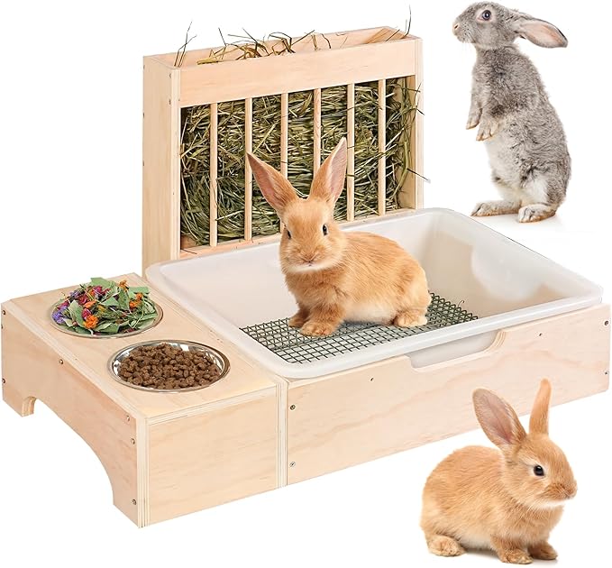 3 in 1 Extra Large Rabbit Hay Feeder with Litter Box, Wooden Bunny Toilet, for Large and Medium-Sized Dwarf Rabbit, Guinea Pig, Chinchillas, Hamster, Ferret, Other Animals-PawvioPets
