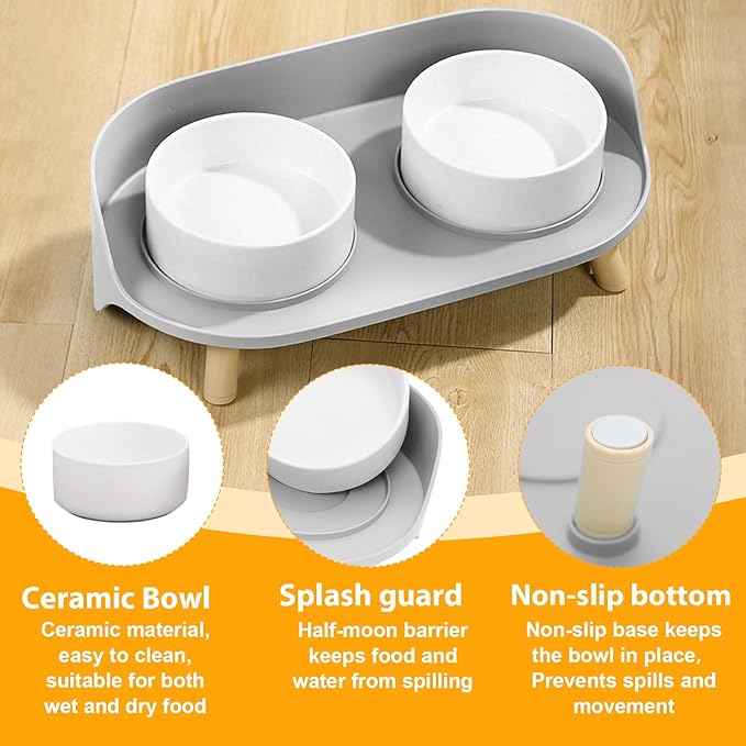 Elevated Dog Bowls Set, Ceramic Pet Food & Water Bowls with Non-Slip Stand, No Spill Design for Cats/Small Medium Dogs Gray-PawvioPets