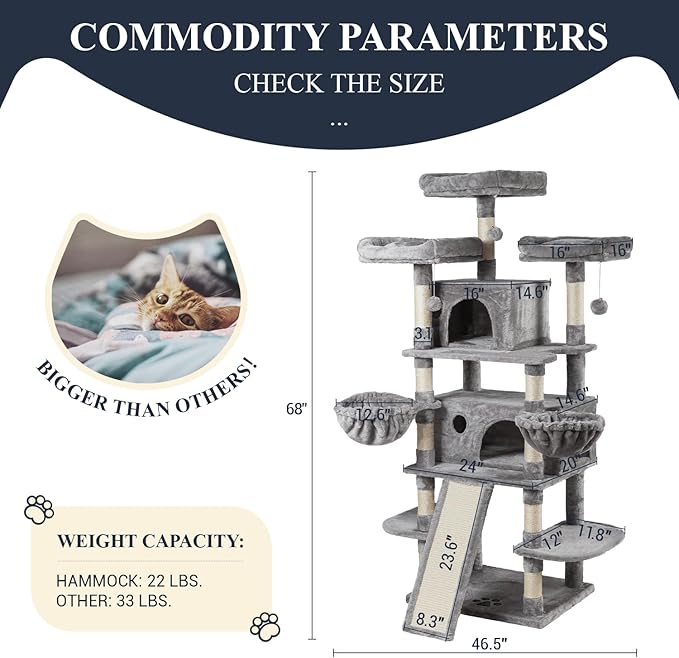 Allewie 68 Inches Cat Tree/House and Towers for Big Feline/Scratching Post/Multi-Level Large Kitty Climbing Tree with Condo/Light Grey-PawvioPets