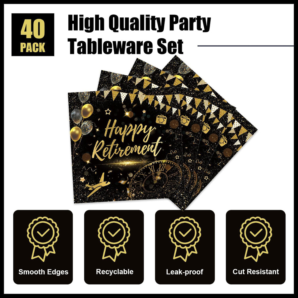 40pcs Happy Retirement Party Supplies Decorations Set, Black Gold Happy Retirement Plates and Napkins for Men and Women, Suitable for 20 Guests