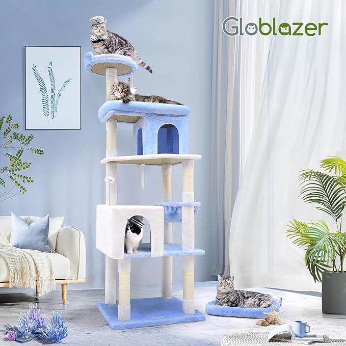 Globlazer Heavy Duty Cat Trees for Large Cats, Sturdy 72in Maine Coon Cat Tree for Large Cats 20 lbs+ Heavy Duty Cat Tower for Adult Biggest Cat with 6 Scratching Posts, Hammock, S72, Ocean Blue-PawvioPets