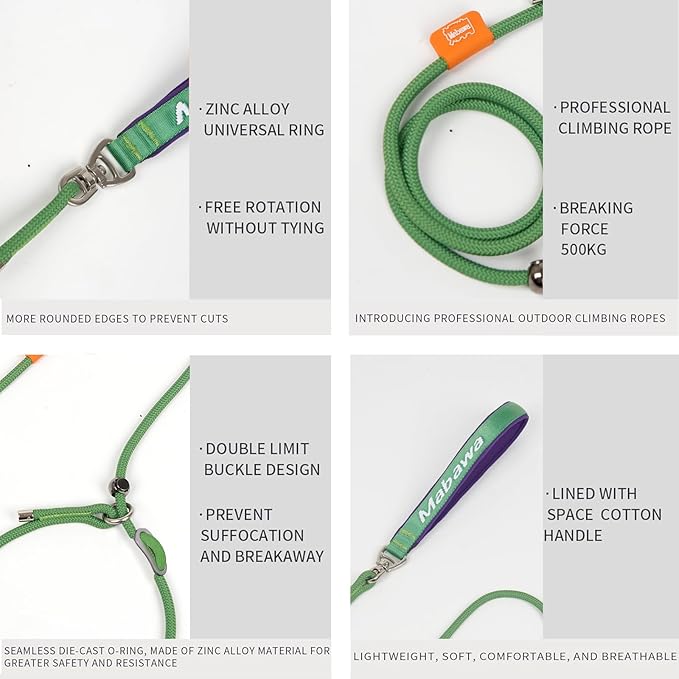 Dog Anti-Slip Leash 5FT with Metal Stopper - Durable No-Pull Training Lead for Small, Medium & Large Dogs - Comfortable Handle Nylon Rope, Tangle-Free Pet Walking Leash (Green, 5 FT)-PawvioPets