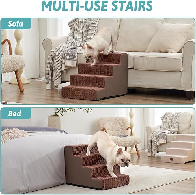 Dog Stairs for Small Dogs, 4 Tier Wider Pet Stairs for Couch and Beds, 17.7" H Non-Slip Dog Steps for Old Cats, Puppy, Small Medium Dogs, 17.7x23.6x17.7 inch, Brown-PawvioPets