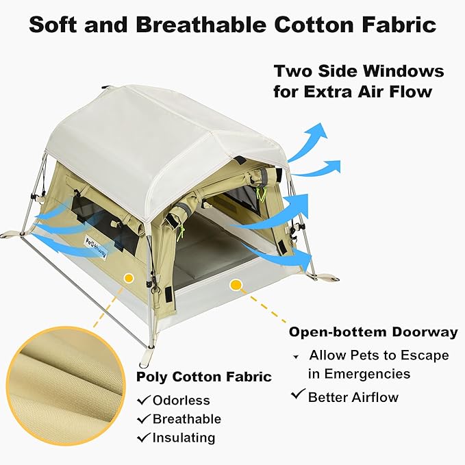 Dog Tent Cotton Fabric, Aluminum Poles and Camping Mat, Outdoor Weatherproof, Dog House Outdoor, Breathable with 2 Side Windows, Portable and Collapsible (Green, Small)-PawvioPets