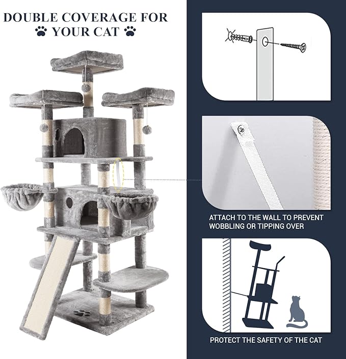 Allewie 68 Inches Cat Tree/House and Towers for Big Feline/Scratching Post/Multi-Level Large Kitty Climbing Tree with Condo/Light Grey-PawvioPets