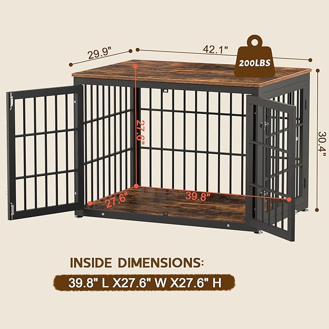 42 Inch Heavy Duty Dog Crate Furniture for Large and Medium Dogs, Decorative Pet House End Table, Wooden Cage Kennel Furniture Indoor, Rustic Brown-PawvioPets