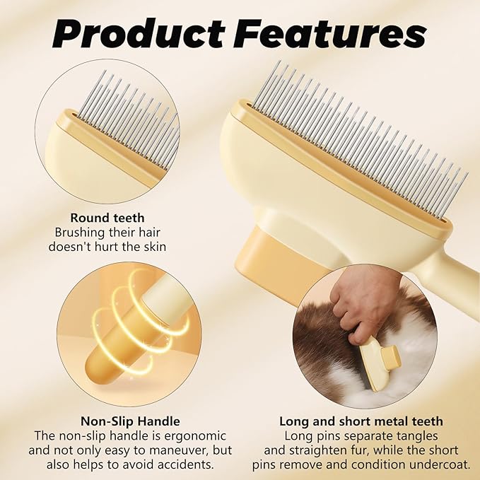 Flea Combs for Cats and Dogs with Release Button,Long & Short Stainless Steel Teeth for Deshedding, Fine Tooth Pet Brushes for Grooming Pet Hair Removal for Long and Short Hair 2 Pack-PawvioPets