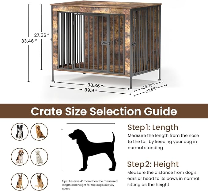 Dog Crate Furniture 40" Sturdy Heavy Duty Dog Kennel Solid Metal Tube Thick Wooden with 3 Lockable Doors Single Dog Cage Large Breed as TV Stand End Table for Large Dog Rustic Brown-PawvioPets