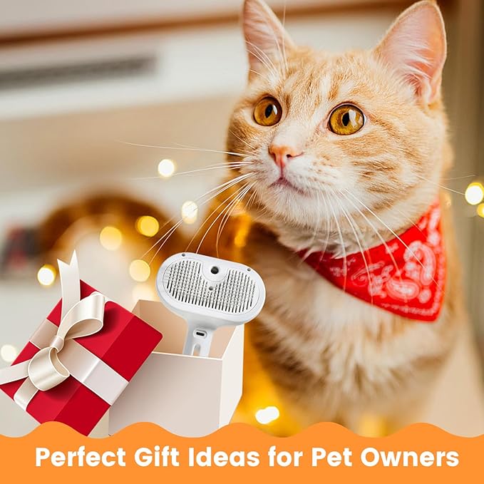 3 in 1 Cat Steam Brush, Pet Steam Brush for Cat Dog Long Short Haired, Pet Spray Hair Removal Comb for Small Animals Shedding & Grooming, Water Mist Spray Brushes with Release Button(White)-PawvioPets