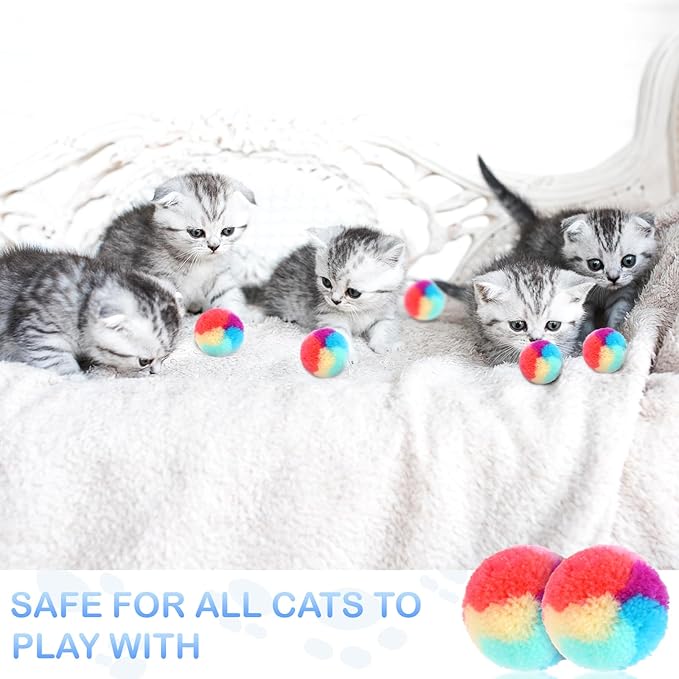 30 Pcs Soft Plush Cat Ball 1.2-inch Rainbow Cat Toy Balls Fuzzy Kitty Balls Kitten Puff Balls Colorful Cat Pom Pom Balls for Cat Kitten Pet Playing Exercising-PawvioPets