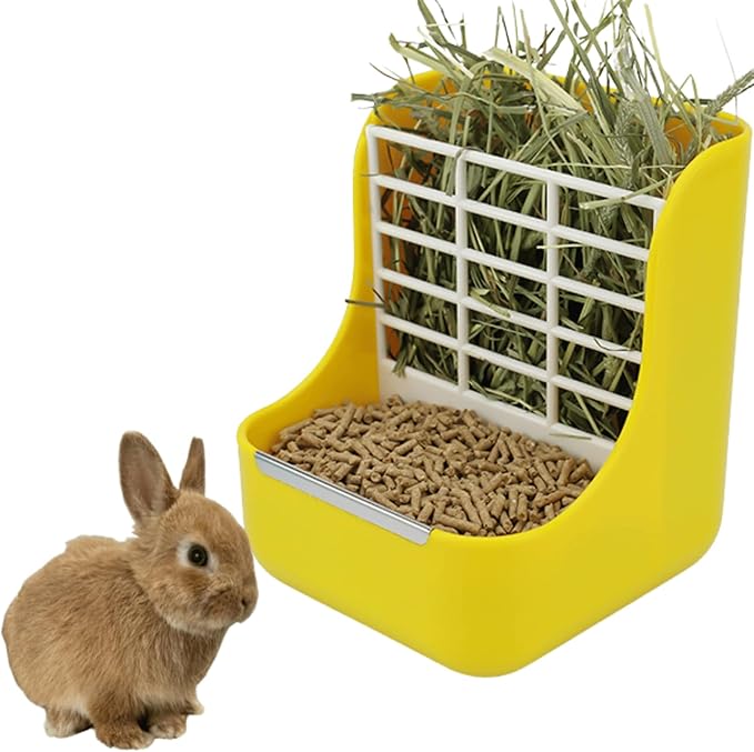 2 in 1 Food Hay Feeder for Guinea Pig, Rabbit Feeder, Indoor Hay Feeder for Guinea Pig, Rabbit, Chinchilla, Feed Bowls Use for Grass & Food (Yellow)-PawvioPets