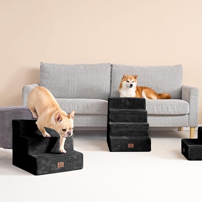 EHEYCIGA Dog Stairs for Small Dogs 13.5" H, 3-Step Dog Steps for Couch Sofa and Chair, Pet Steps for Medium Cats, Non-Slip Balanced Pet Ramp Indoor, Black-PawvioPets