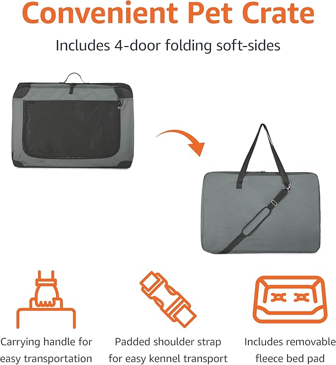 Amazon Basics 4-Doors Portable Soft-Sided Folding Travel Crate Kennel for cat, Dog, and Other Small Animals, Grey, S 26" x 18" x 18"-PawvioPets