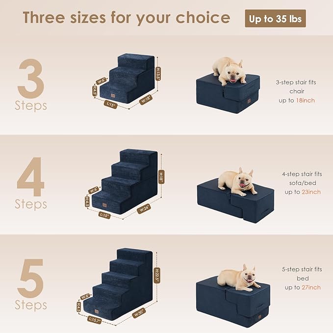 EHEYCIGA Dog Stairs for High Bed 22.5" H, 5-Step Dog Steps for Bed, Pet Steps for Small Dogs and Cats, Non-Slip Balanced Pet Ramp Indoor, Navy Blue-PawvioPets
